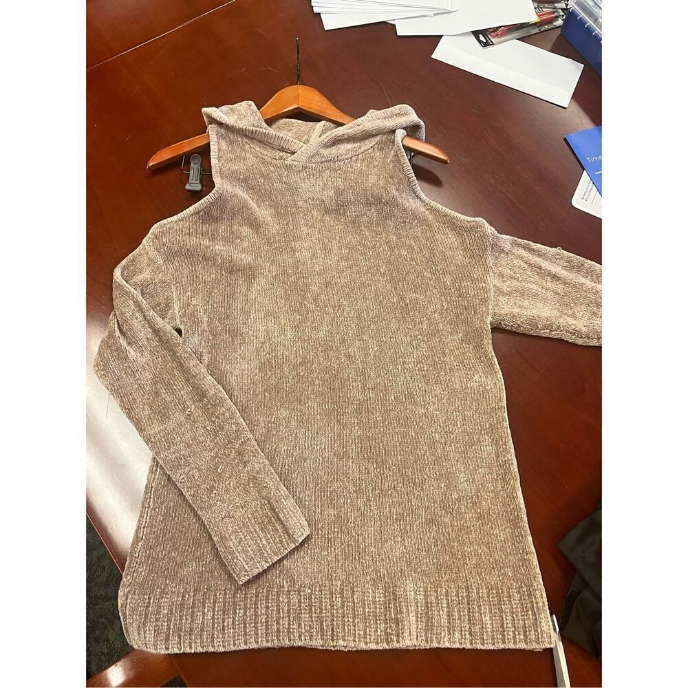 Alice + Olivia Not Kohls Beige Velour Cold Shoulder Hoodie Sweater sz L